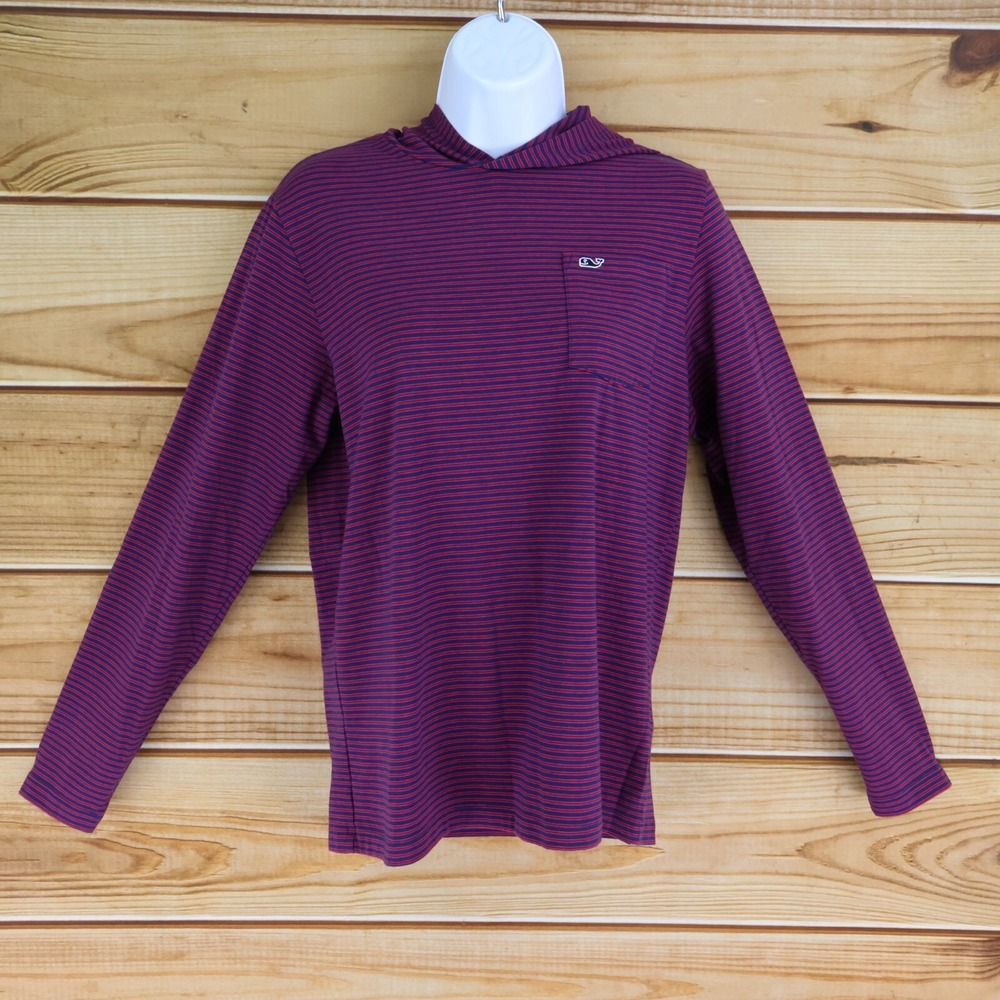 Vineyard Vines Edgartown Long Sleeve Shirt Girls L Red Blue Striped Hooded Soft